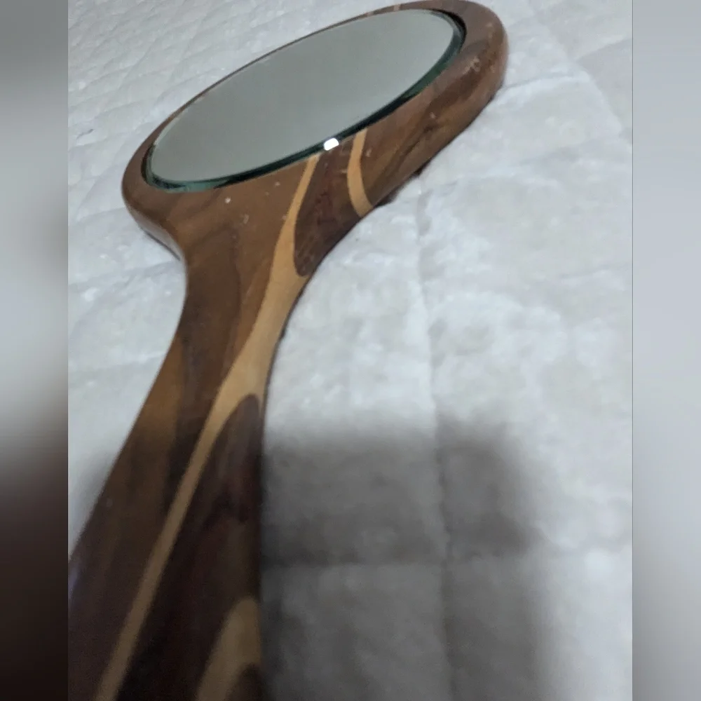 Antique Beveled Wooden Inlayed Hand Held Mirror Art Deco Handmade